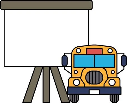 A black and white drawing of a school bus and a projector screen Stock Illustration