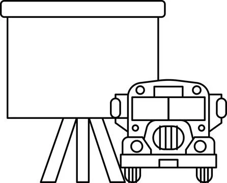 A black and white drawing of a school bus and a projector screen Stock Illustration