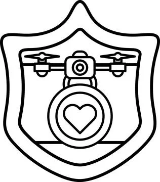 A black and white drawing of a shield with a heart and a drone on it Stock Illustration