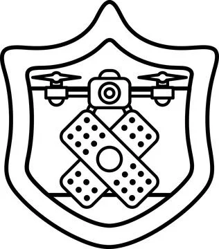 A black and white drawing of a shield with a cross and a camera on it Illustrazione stock