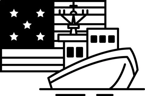 A black and white drawing of a ship, a flag and a star Stock Illustration