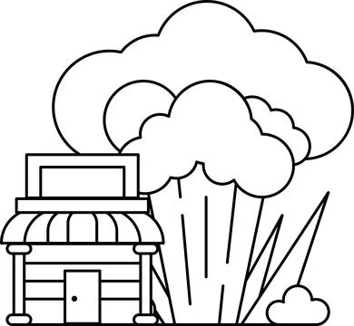 A black and white drawing of a small building with a sign on the front Stock Illustration