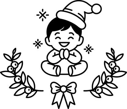 A black and white drawing of a smiling child wearing a Santa hat Stock Illustration