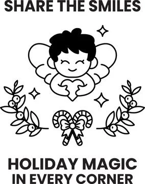 A black and white drawing of a smiling angel holding a heart Stock Illustration