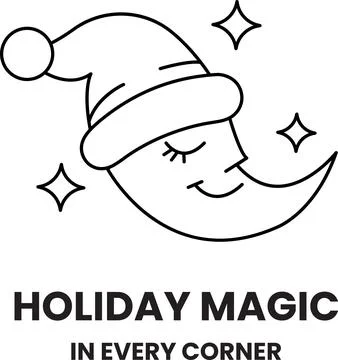A black and white drawing of a smiling moon with a hat on it Ilustração Stock