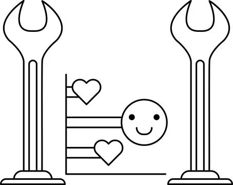 A black and white drawing of a smiling face with a heart on its forehead Stock Illustration
