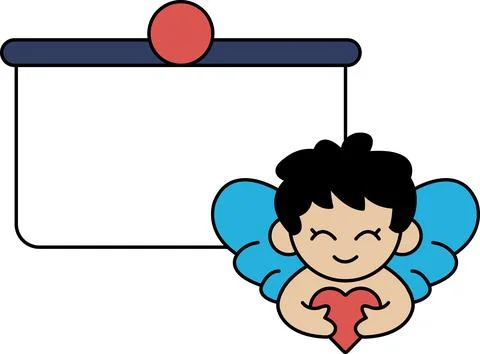A black and white drawing of a smiling angel holding a heart Stock Illustration