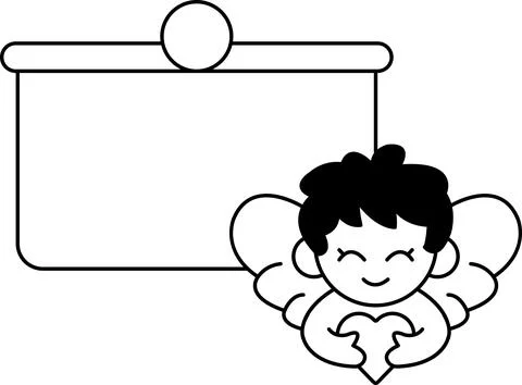 A black and white drawing of a smiling angel holding a heart Stock Illustration