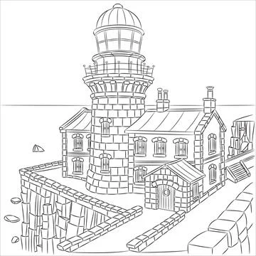 Black and white drawing of a stone lighthouse on a cliff above the sea. Ilustração Stock