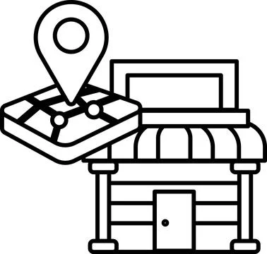 A black and white drawing of a store with a map of the area above it Ilustração Stock