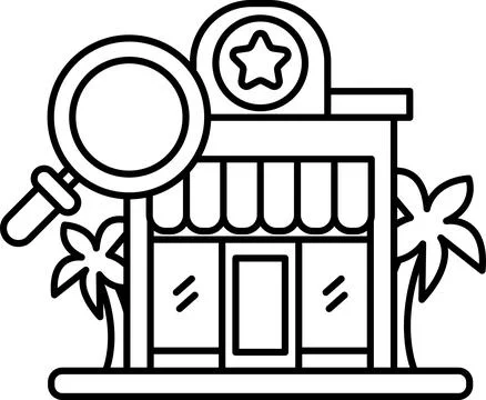 A black and white drawing of a store with a magnifying glass on the left side Stock Illustration