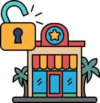 A black and white drawing of a store with a lock on the door Stock Illustration