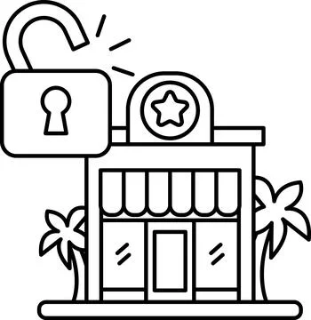 A black and white drawing of a store with a lock on the door Stock Illustration