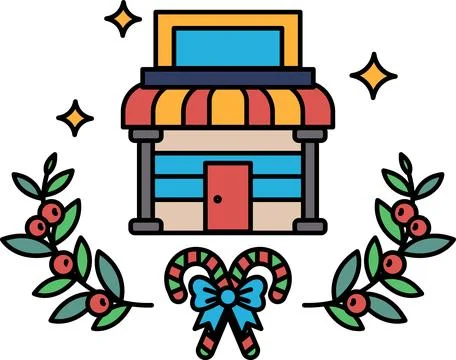 A black and white drawing of a store with a wreath and a candy cane Ilustración de archivo