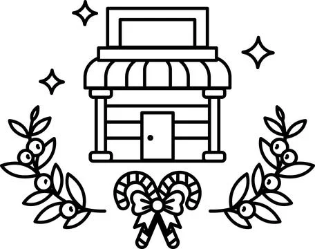 A black and white drawing of a store with a wreath and a candy cane Stock Illustration