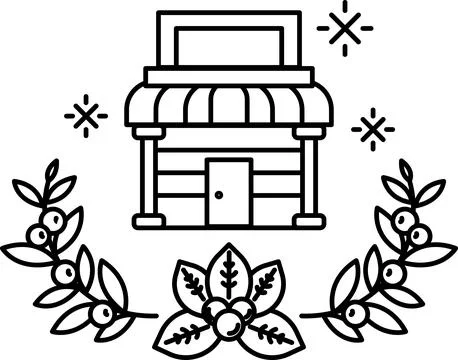 A black and white drawing of a store with a white wreath around it Ilustración de archivo