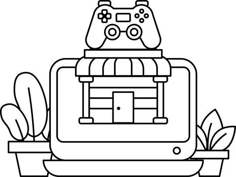 A black and white drawing of a store with a video game controller on top of i Stock Illustration