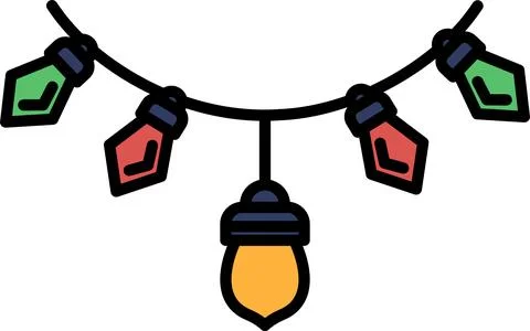 Black and white drawing of a string of lights with a light bulb hanging Stock Illustration