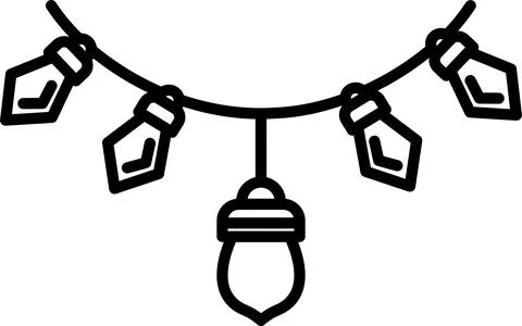 Black and white drawing of a string of lights with a light bulb hanging Stock Illustration