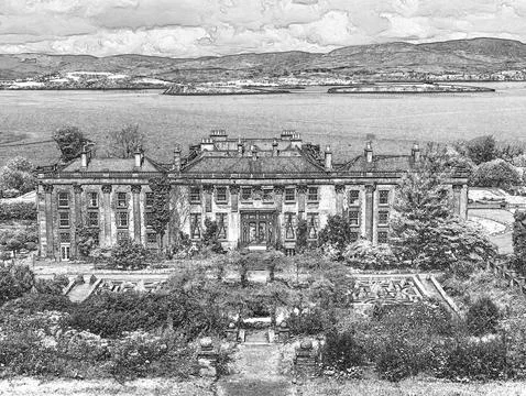 Black and white drawing style manor house with garden path Stock Illustration