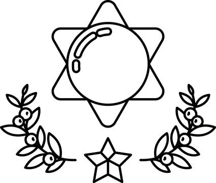 A black and white drawing of a sun with a star and leaves surrounding it Illustrazione stock