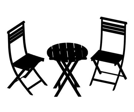 Black and white drawing of a table and two chairs. The table is round and the Stock Illustration