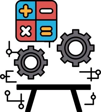 A black and white drawing of a table with a series of gears and numbers Illustrazione stock