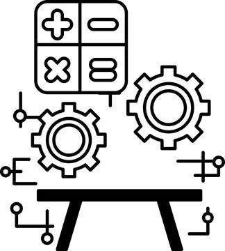 A black and white drawing of a table with a series of gears and numbers 스톡 일러스트
