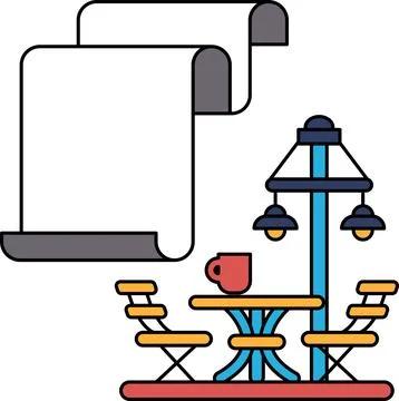 A black and white drawing of a table with a lamp and a cup on it 库存插图