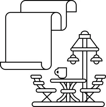 A black and white drawing of a table with a lamp and a cup on it 库存插图