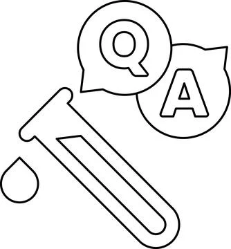 A black and white drawing of a test tube with a question mark and an A above  Illustrazione stock