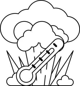 A black and white drawing of a thermometer with a cloud in the background Stock Illustration