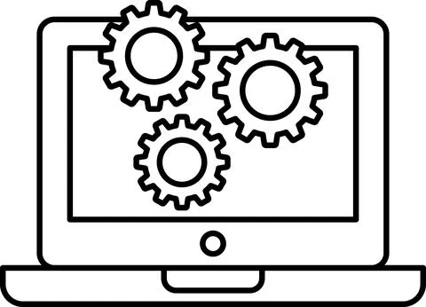 A black and white drawing of three gears on a laptop screen Illustrazione stock