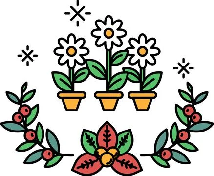 A black and white drawing of three potted flowers with a leafy border Illustrazione stock