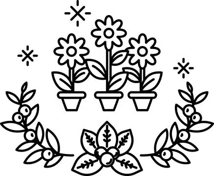 A black and white drawing of three potted flowers with a leafy border Illustrazione stock