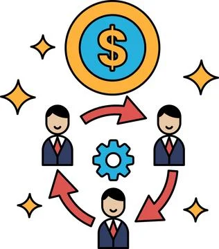 A black and white drawing of three men with a dollar sign in the middle Stock Illustration