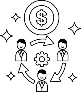 A black and white drawing of three men with a dollar sign in the middle Stock Illustration