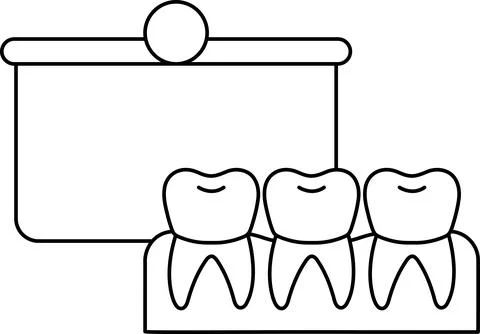 A black and white drawing of three teeth with a sign behind them that says .. 스톡 일러스트