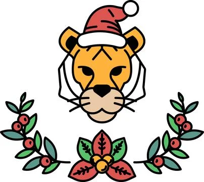 A black and white drawing of a tiger with a hat on its head Stock Illustration
