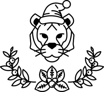 A black and white drawing of a tiger with a hat on its head Stock Illustration