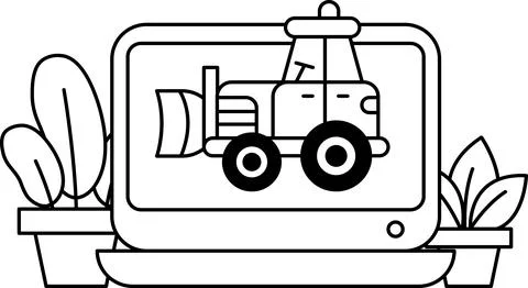 A black and white drawing of a tractor with a plow on it Stock Illustration