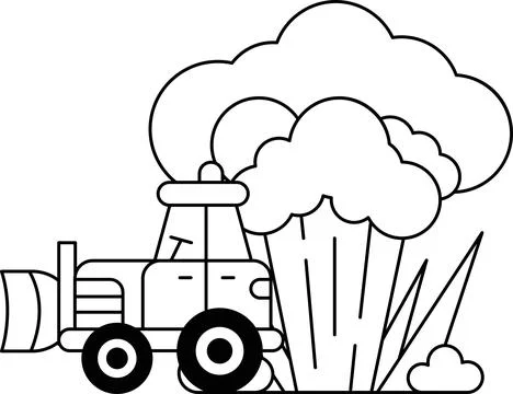 A black and white drawing of a tractor with a cloud of smoke coming out of it Stock Illustration
