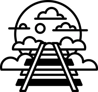 A black and white drawing of a train track with a moon in the sky Illustrazione stock