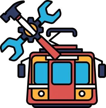 A black and white drawing of a train with a wrench and a screwdriver on it Illustrazione stock