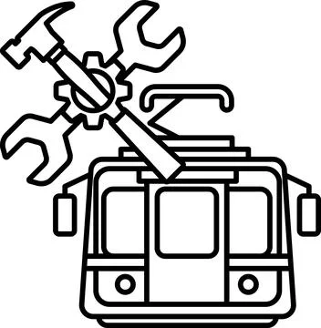 A black and white drawing of a train with a wrench and a screwdriver on it Illustrazione stock