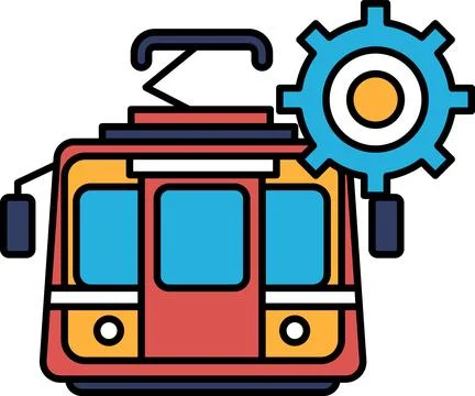 A black and white drawing of a train with a gear on it Illustrazione stock