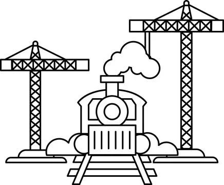 A black and white drawing of a train with a steam engine 스톡 일러스트