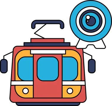 A black and white drawing of a train with a camera on top of it Stock Illustration