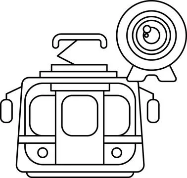 A black and white drawing of a train with a camera on top of it Stock Illustration