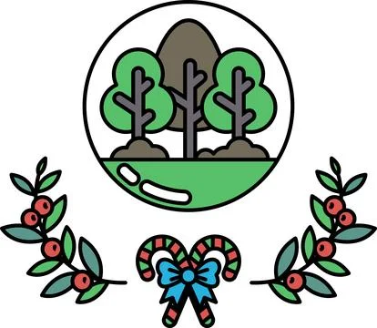 A black and white drawing of a tree with a wreath and a candy cane 库存插图